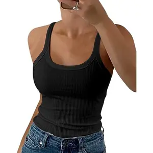 Women Spaghetti Strap Scoop Neck Tank Tops Slim Fitted Cotton Camisole Sleeveless Layering Shirts