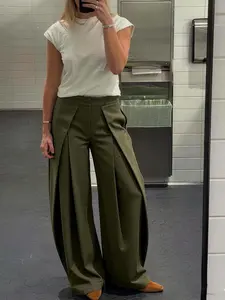 Women's Black Pants Pleats Baggy Wide Pants For Woman Minimalist Casual Striped Green Trousers Office Suit Oversize Pants Spring High Waist Wide Leg Pants Casual Lounge Pant