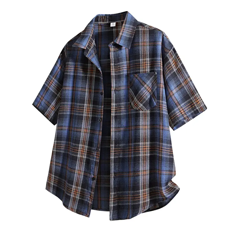 Men’s casual loose trendy short-sleeve shirt with a plaid design; relaxed, youthful, and stylish—suitable for outdoor leisure, everyday activities, and various occasions.