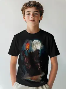 Moon Knight Pumpkin Head Print T-Shirt, Halloween Casual Slim-Fit Short Sleeve, Geometric Pattern, No Zipper