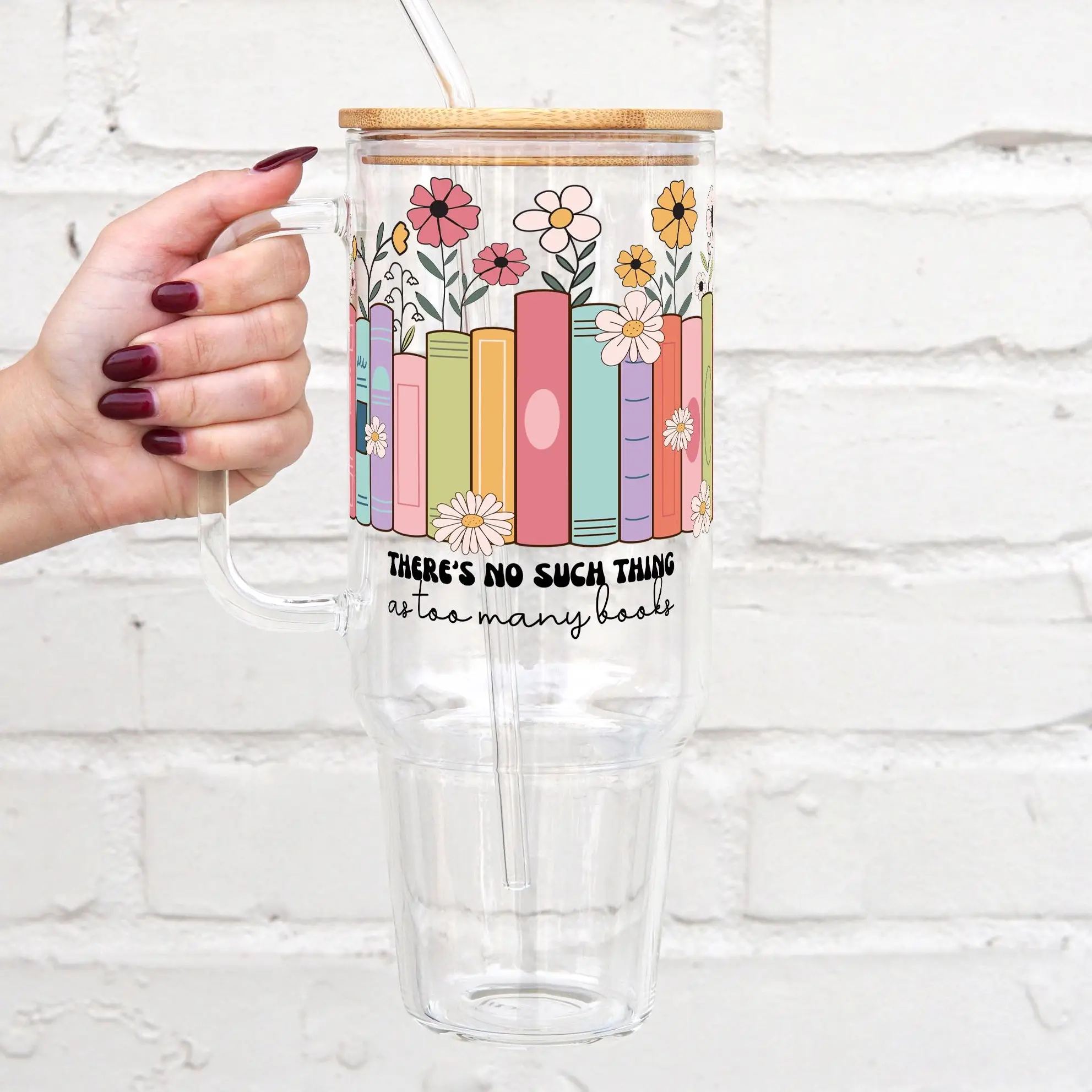Sip-Sip Hooray! 40oz No Such Thing As Too Many Books Tumbler – Glass Cup with Handle, Lid & Straw, Retro Book Lover Gift, Reusable BookTok Drinkware