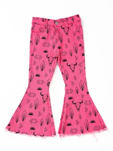 Western Pink Cowgirls Print Denim Stretchy Bell bottoms pants Girls jeans