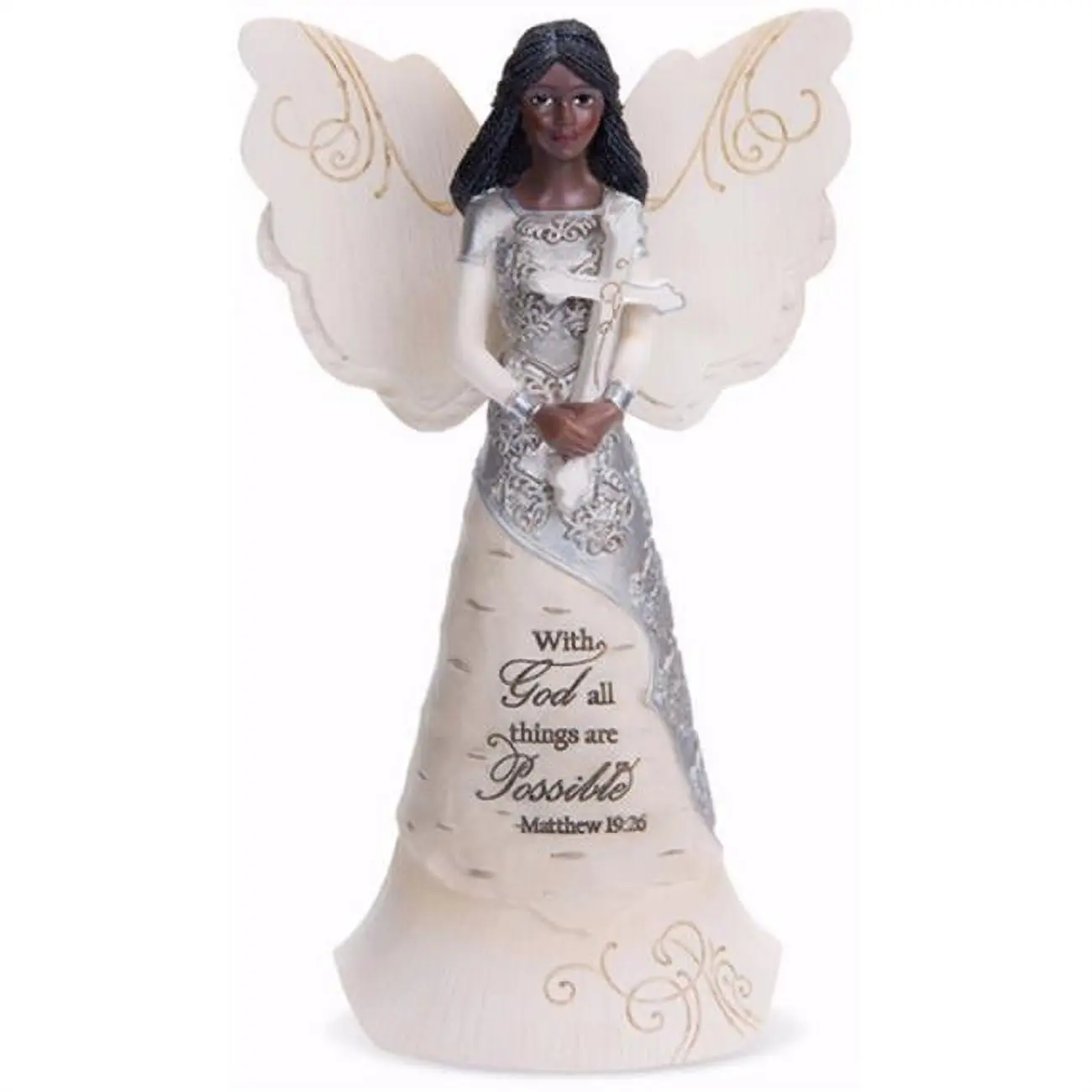 212 MAIN Ebony Angel Figurine - Christian Religious Cross Design Ornament, 6.5 in. Holding Cross Pavilion Statue, God All Things Are Possible Room Decor for Gifting (Packaged in Sturdy Box)