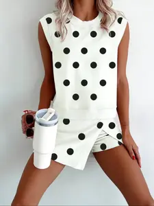 Summer New Cute Polka Dot Print Dress Style Casual Two-Piece Set Outfit, Sleeveless Loose-Fitting Crop Top, Women's Fashion