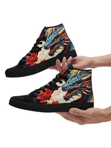 Men's Fashionable Dragon & Floral Print Lace Up High Top Sneakers, Casual Comfortable Breathable Lightweight Sports Shoes, Male All-match Round Toe Shoes for Daily Wear