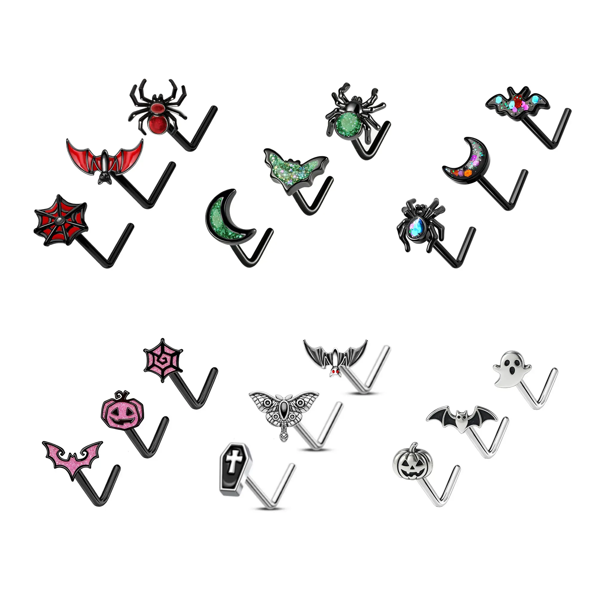 OUFER Halloween Vibe 20G 3PCS L-Shape Nose Studs, Body Jewelry, Nose Rings Studs, Spooky Season