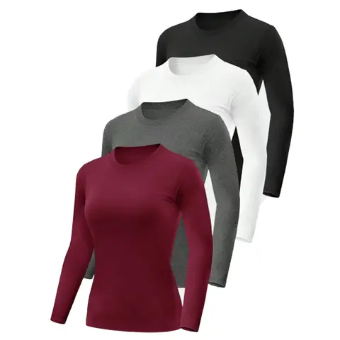 Women's 4-Pack Long Sleeve Slim Fit Compression Crew Neck Athletic Running Shirts, Layer-Ready Gym Tops for Running, Yoga, Compression Shirt Women 4pack Workout Set with Muscle Support