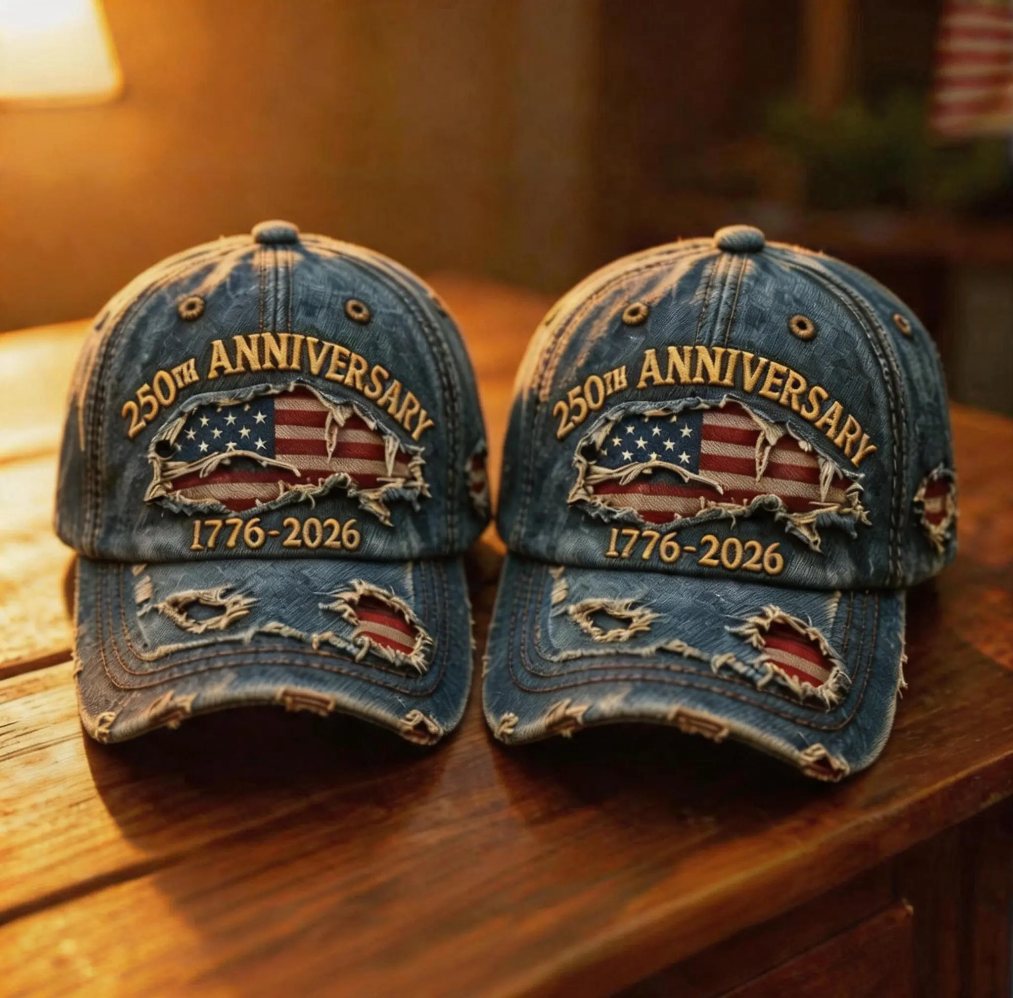 250th Anniversary Faded American Flag Denim Classic Baseball Cap - Unisex Patriotic Casual Outfits Cap, Graphic Flag Embroidery, Distressed Look Adds Vintage Attitude, Outdoor Wear Sports Accessory