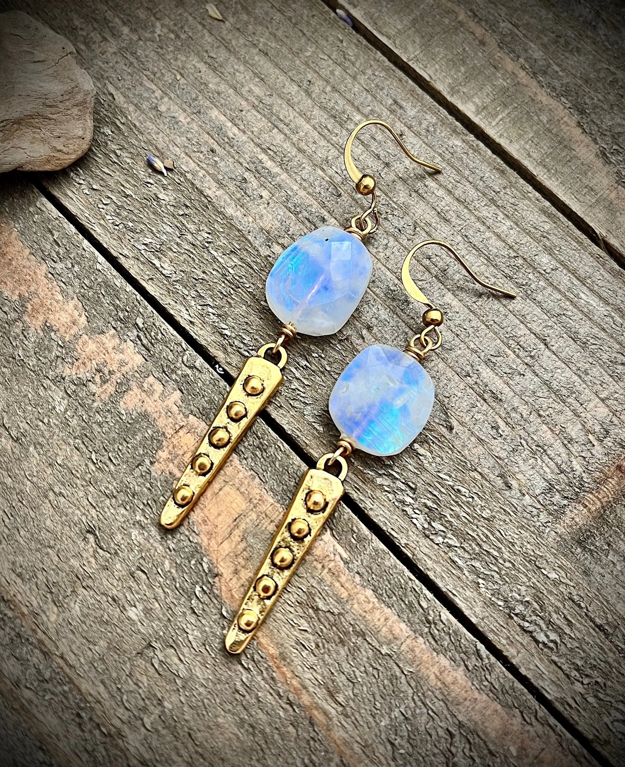 Gold Pewter Rainbow Moonstone Spiked Earrings