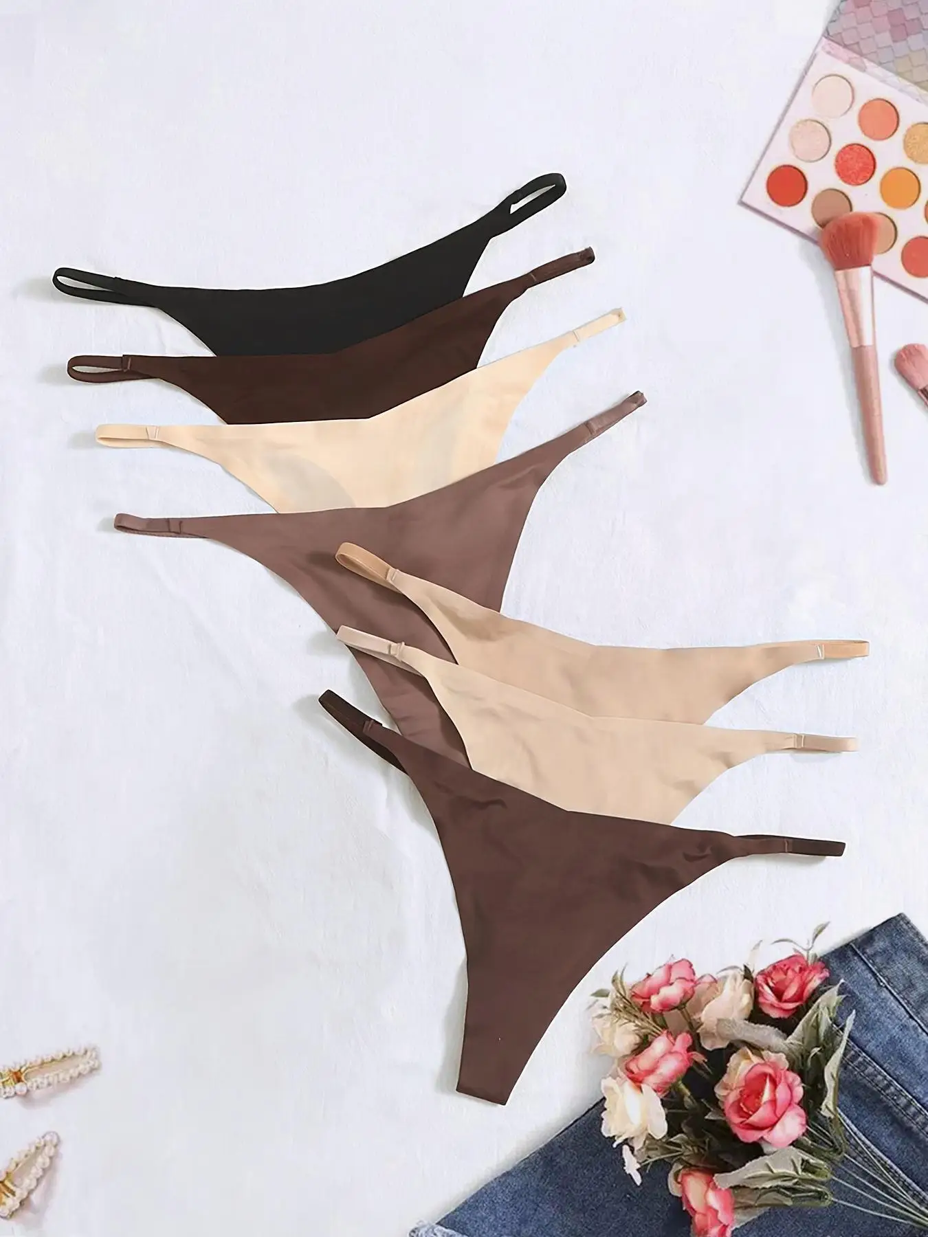 Women's Seamless Low Waist Thong Panties Set, Fitted Design, Plain Pattern, Moderate Fabric Thickness, All Season Casual Wear