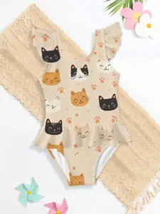 Fashionable Girls' Beach Vacation Essential One-Piece Swimsuit, Cat Print Cute Little Girl Gift, Casual Outdoor Sports Leisure Wear