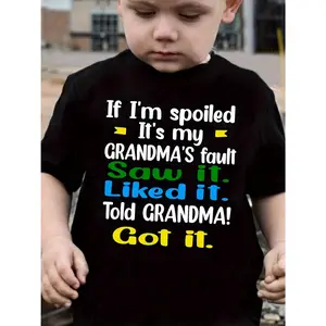 1pc Kids' Grandma's Fault Print Black TShirt, Crew Neck, Casual Cotton Tee, Medium Stretch Knit Fabric, Regular Fit for Boys& Girls Children, Alphabet Pattern, for Spring/ Summer/ Fall Valentine's Day, Thanksgiving, Easter