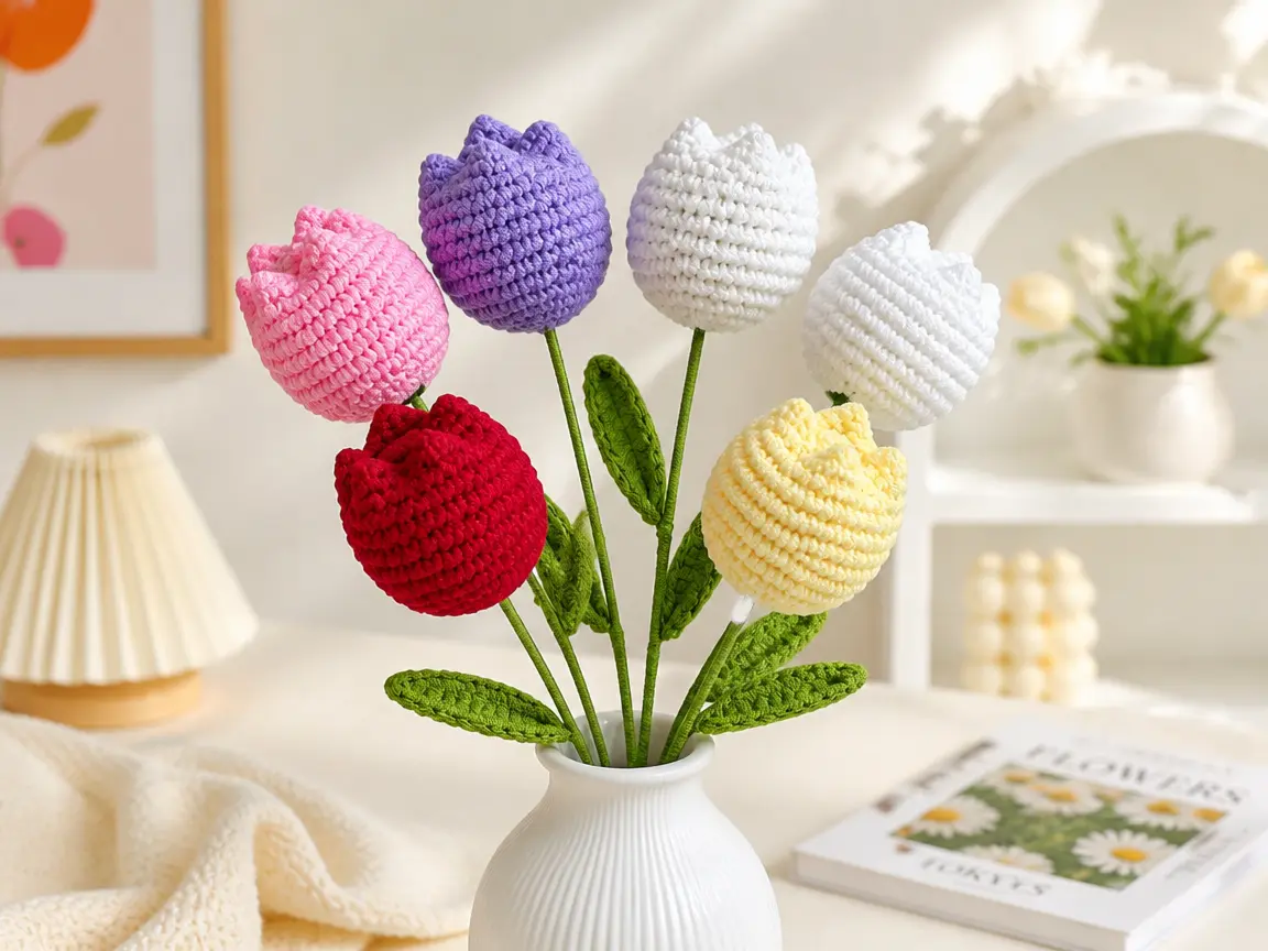 Handmade Crochet Tulip Bouquet Set - Soft Cotton Yarn Artificial Decorative Flowers, Satin-Accented Everlasting No-Wilt Arrangement for Table, Vase Decor, Romantic Gift for Valentine’s Day, Mother’s Day