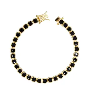 Cushion Cut Bezel Tennis Bracelet Made in NYC - Black Gemstones & Gold-Tone Bezels - 7-14 Day Production Time