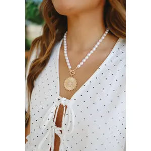 Pearl Beaded Cross Medallion Pendant Necklace - Gold