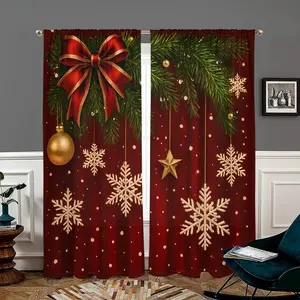 Christmas Print Curtains, Pine Tree Snowflakes Design, Pole Pocket Style, Semi Sunshade Polyester Fiber, Easy Clean Anti-Privacy Window Decor