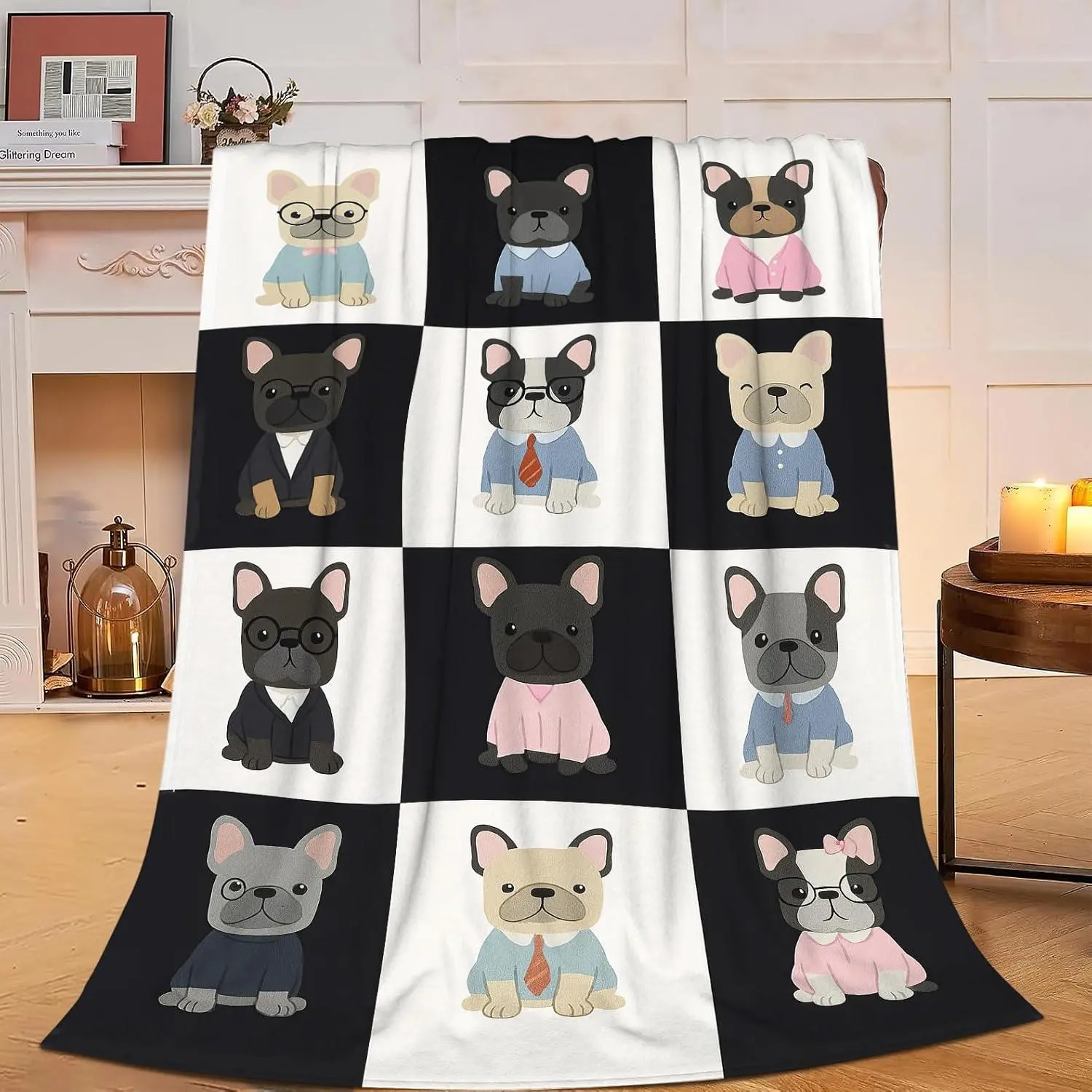 French Bulldog Throw Blanket - Cute, Cozy Fuzzy Spliced Flannel Plush, Wrinkle Resistant, 50 x 60 in Warm Bedding Stuff - Father's Day, Valentine Gifts for Women, Infant-Friendly, Adults