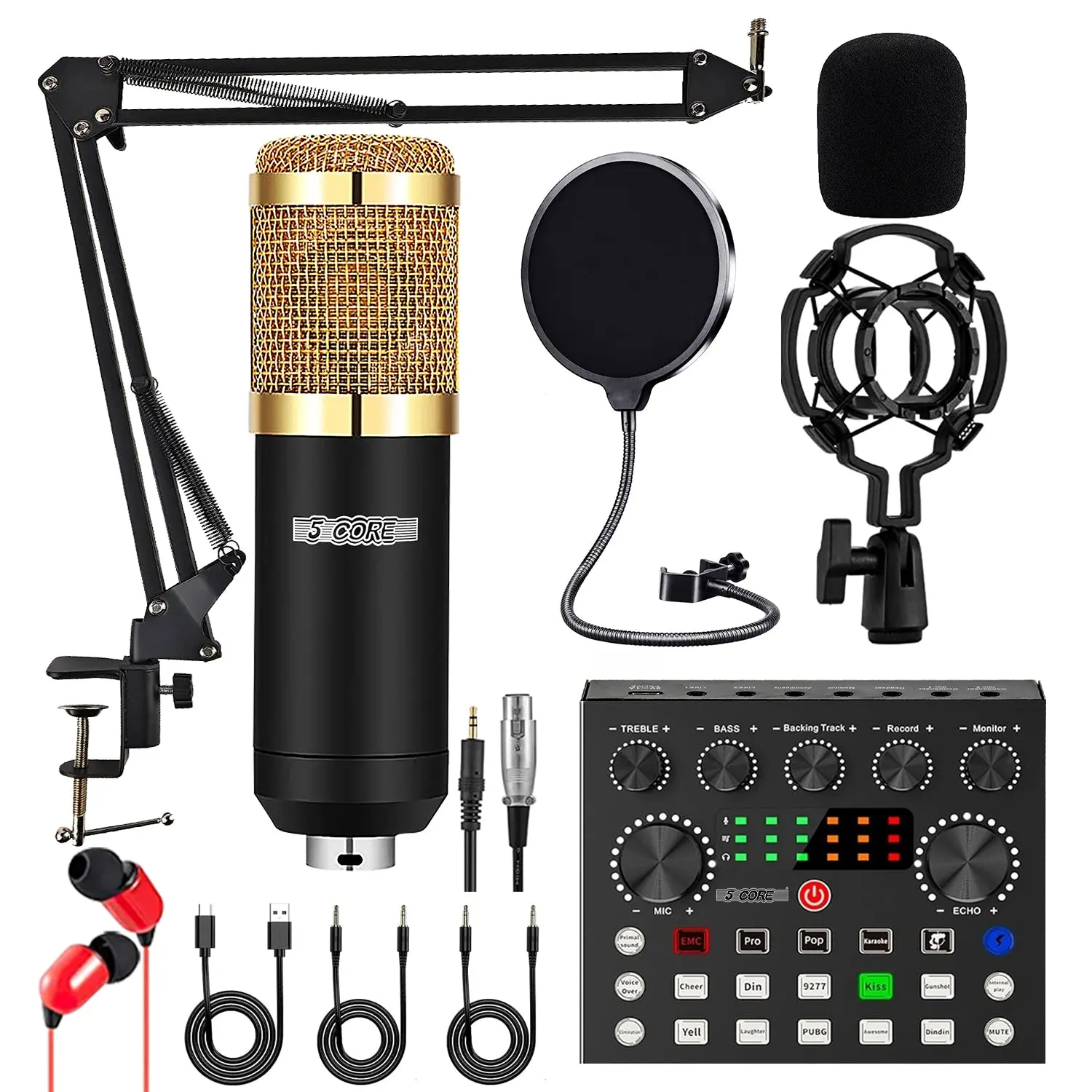 5Core Recording Microphone Podcast Bundle Professional Condenser Cardioid Mic Kit w Boom Arm Headphones Stereo