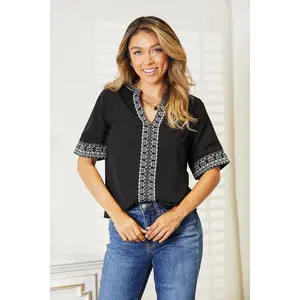 Double Take Embroidered Notched Neck Top