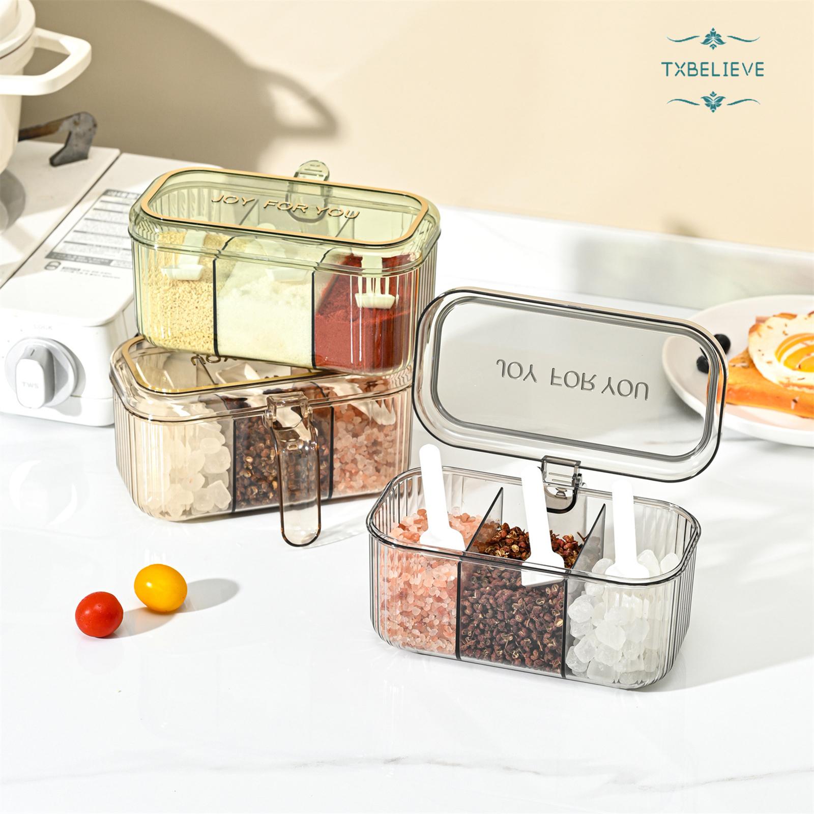 Kitchen 3-Compartment Seasoning Box with Lid — Simple & Fresh Home-Use Divided Container for Salt, MSG, Chicken Essence, and Spices