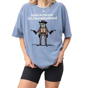 Hold On Partner Im Overstimulated Comfort Colors Shirt, Cowboy Frog Shirt, Cowboy Frog Unhinged T-Shirt, Cute Animal Tee, Funny Frog Shirt