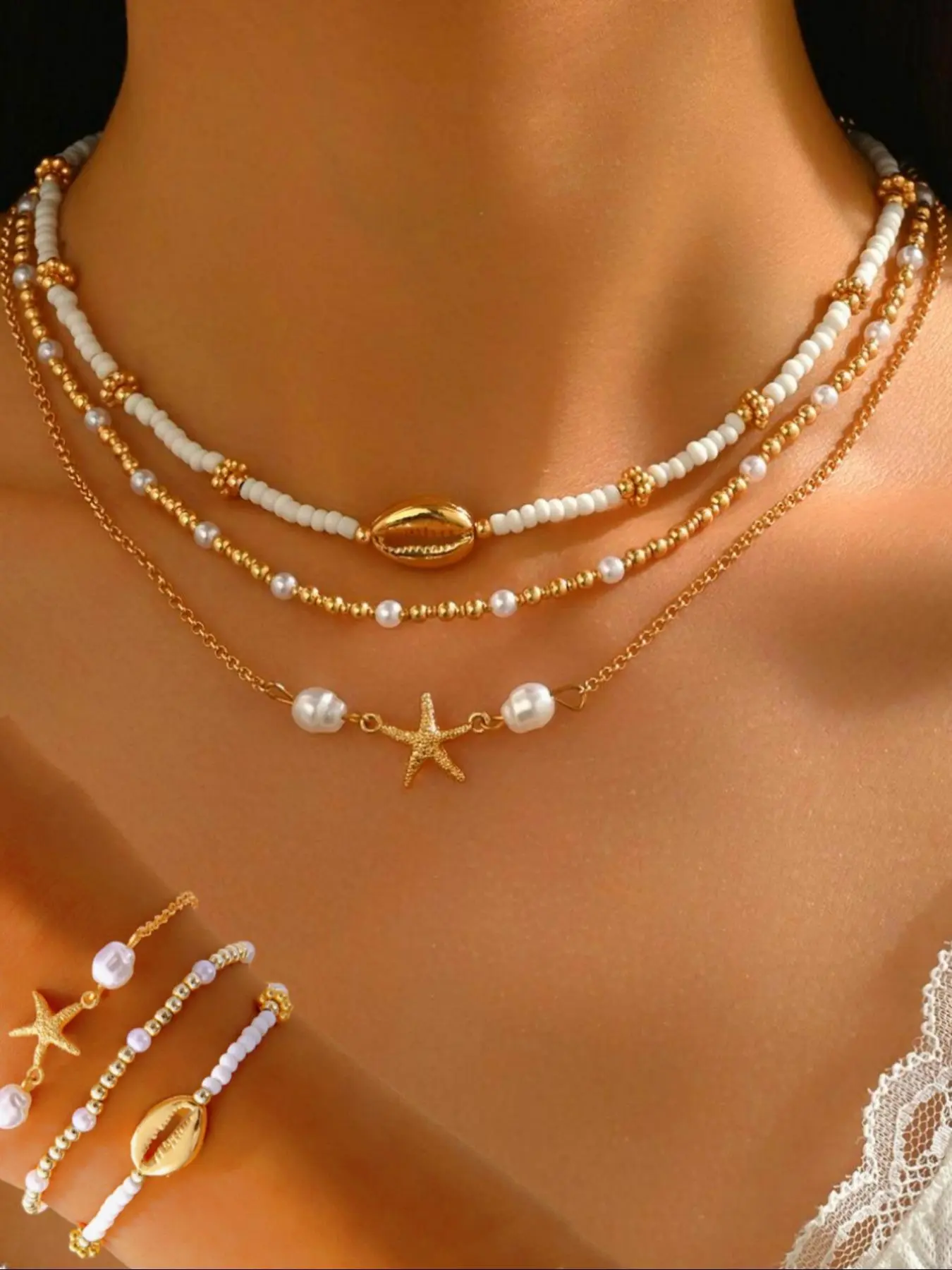 Boho Style Starfish & Shell Design Layered Beaded Necklace & Bracelet, Fashion Jewelry for Party, Daily Decor, Trendy All-match & Exquisite Jewelry for Birthday Gift, Trendy Jewelry Set