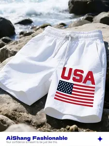 Men's Summer White Casual Shorts, USA American Flag Graphic Print, Regular Fit Not Slim Fit, Quick Dry Breathable 5-Point Beach Shorts for 4th Of July, Sports & Vacation