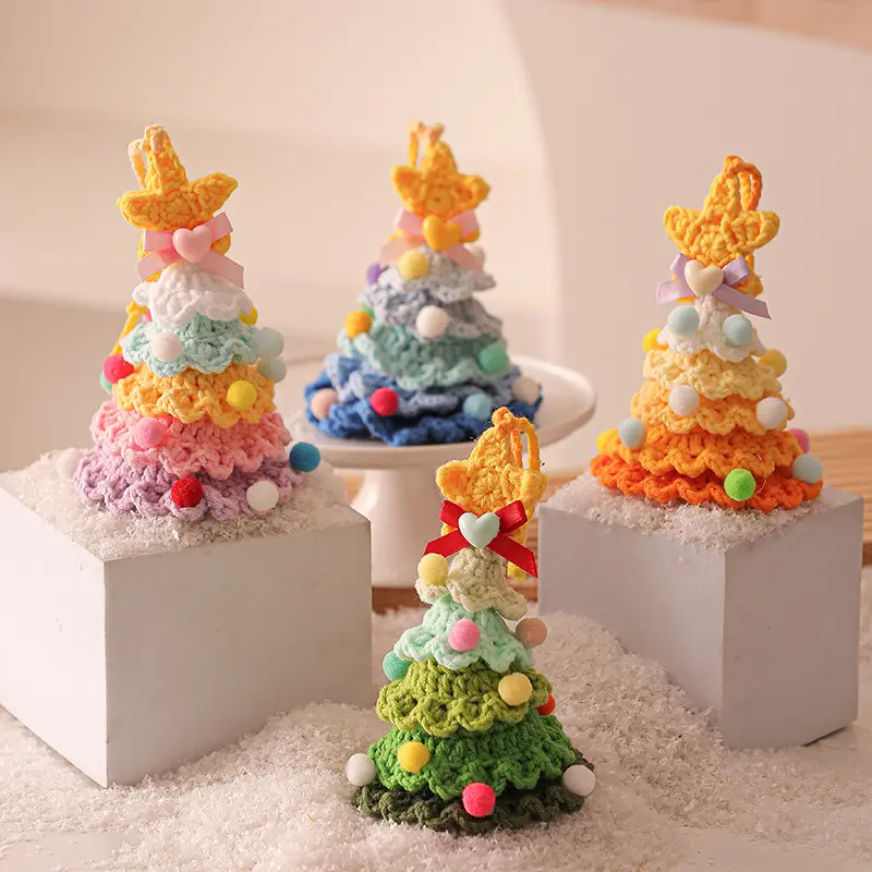 Crochet Christmas Tree Hanging Ornament, Knitted Christmas Tree Pendant with Star Pom-Pom Bell for Holiday Tree Car Bag Decor