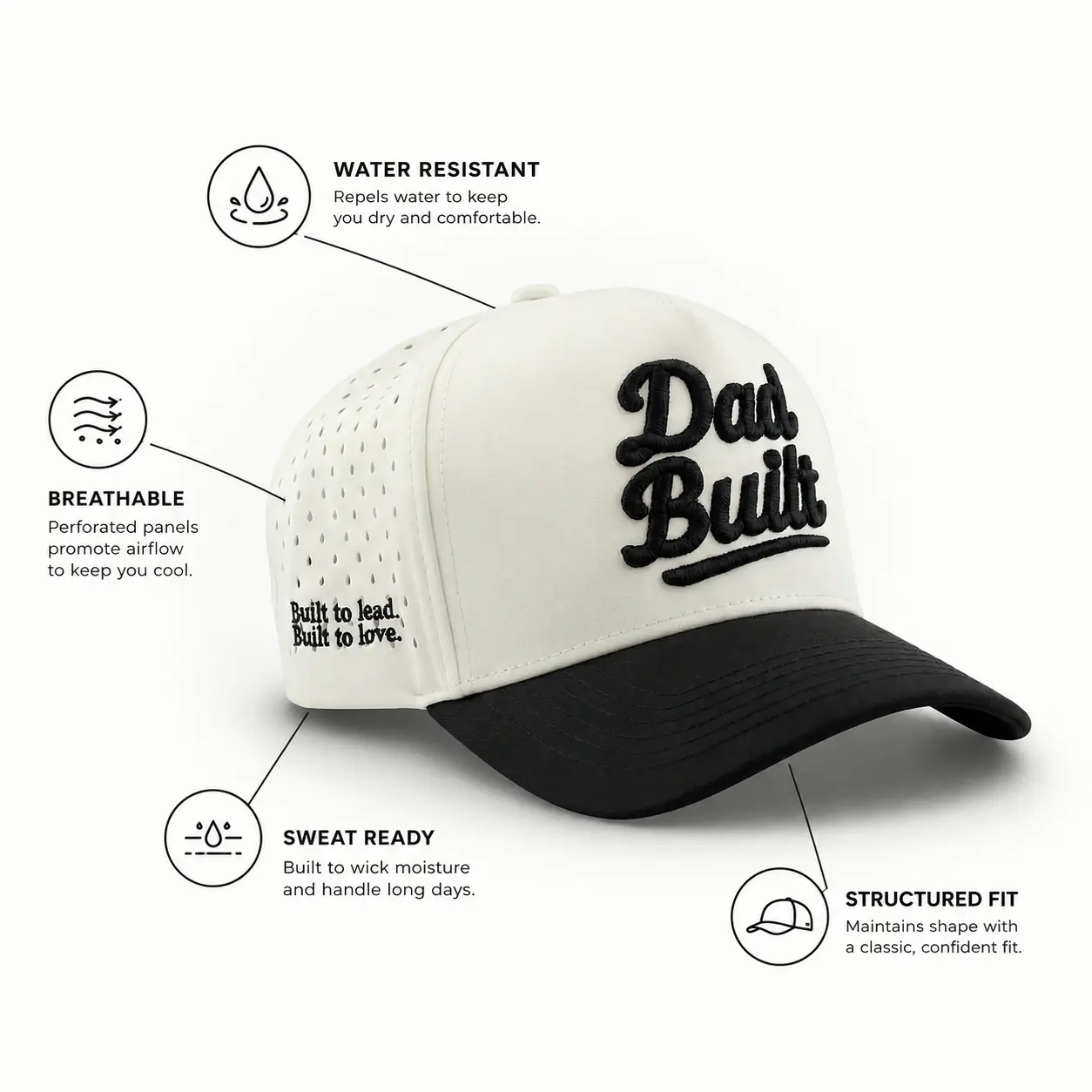 Dad Built Classic Structured Cap - Water-Resistant & UV-Protected - 35% Cotton 65% Polyester - One Size Fits Most - Adjustable Snapback Strap - Durable Everyday Wear