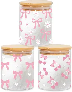 3 Pcs Pink Bow Glass Storage Jars with Airtight Lid Cute Bow Cherry Floral Decorative Canisters Sets for Valentine's Day Home Kitchen Countertop