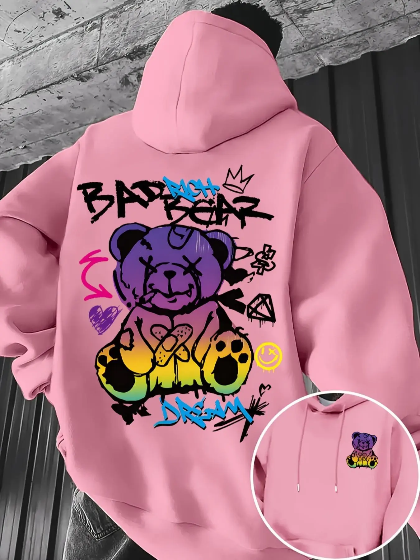 Men's Graffiti Bear Animal Loose Hoodie, Hot Trending Hoodies, Casual Streetwear Hoodies, Street Fashion Hoodie, Drawstring Hooded Pullover, Street Style Design, Casual Winter Sweater, Ideal Gift for Men