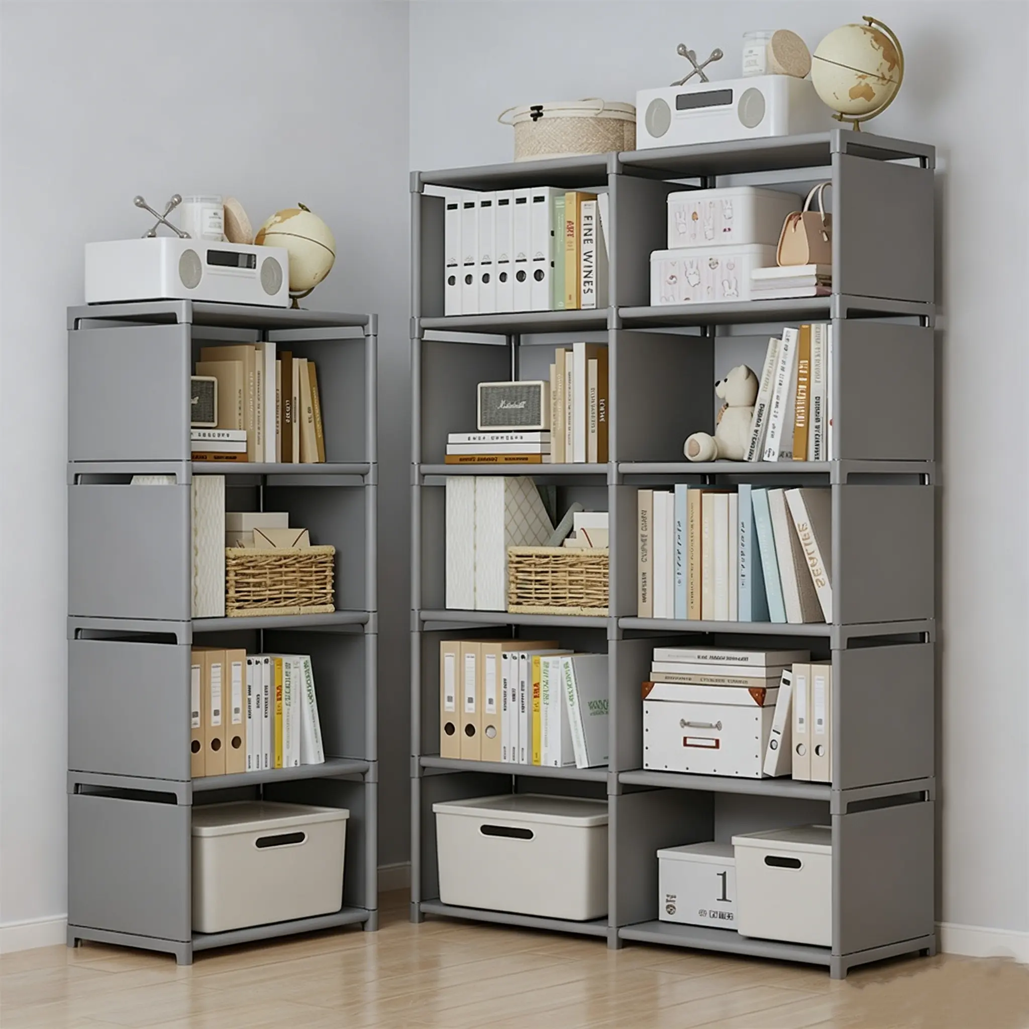 Modern gray DIY modular grid bookshelf, open-design multi-tier grid storage cabinet, home study/living room storage rack