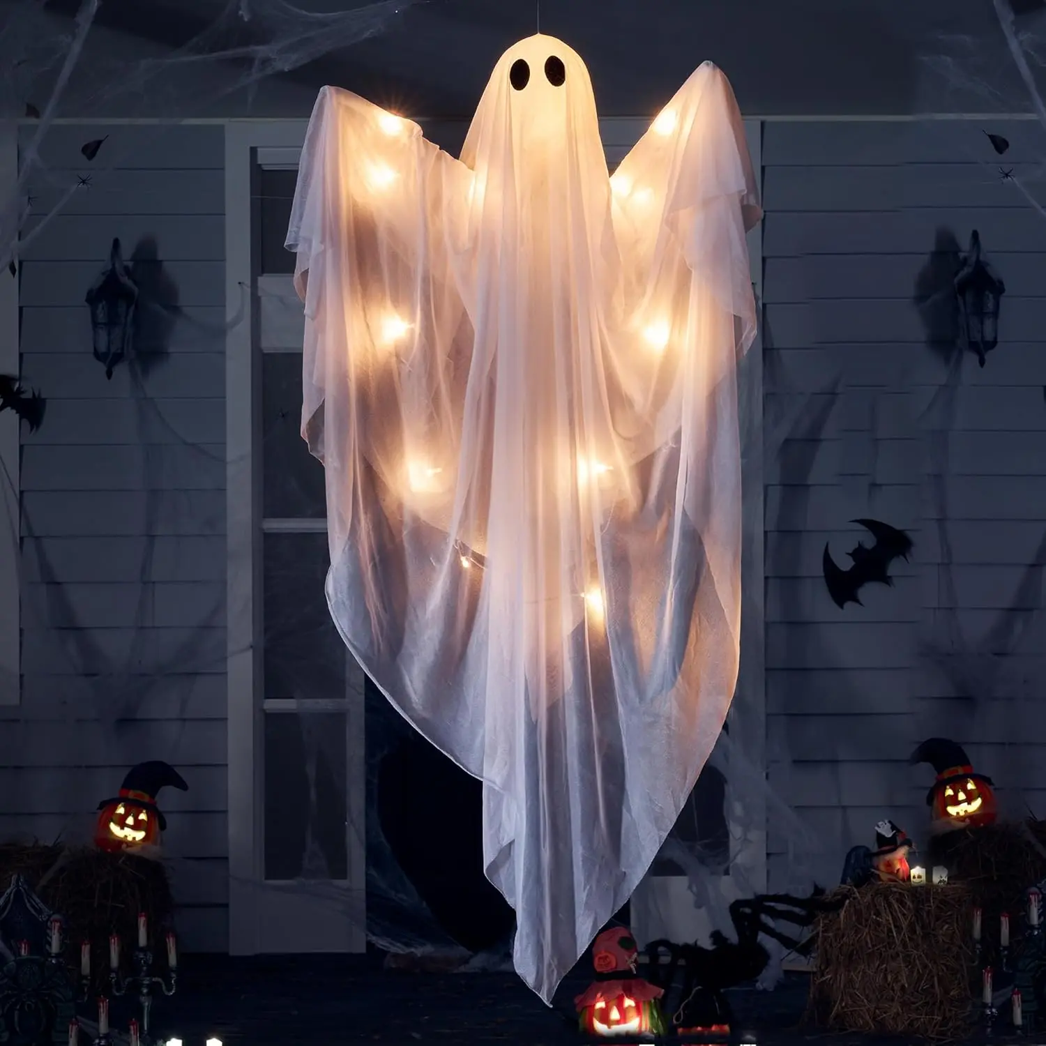 Halloween Hanging Light Up Ghost 47" White – Warm White LED Light with Timer, Waterproof Decoration for Front Yard Patio Lawn Garden Indoor Outdoor