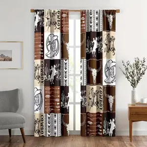 2pcs Cowboy Theme Curtains with Cow Head Horse Arrow Design, Geometric Plaid Western Pattern, Semi-Transparent Polyester Drapes