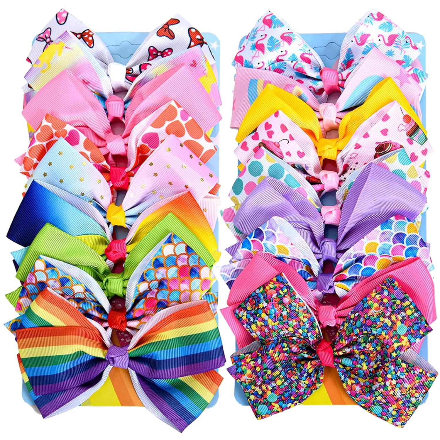 KF5-HB003 Handcrafted Toddler Hair Bows - 5 in & 3.5 in High, Cute Designs, Durable Rainbow Heart Grosgrain Bows with Alligator Clips, 18 Pcs Kids' Hair Accessories for Back to School, Birthday