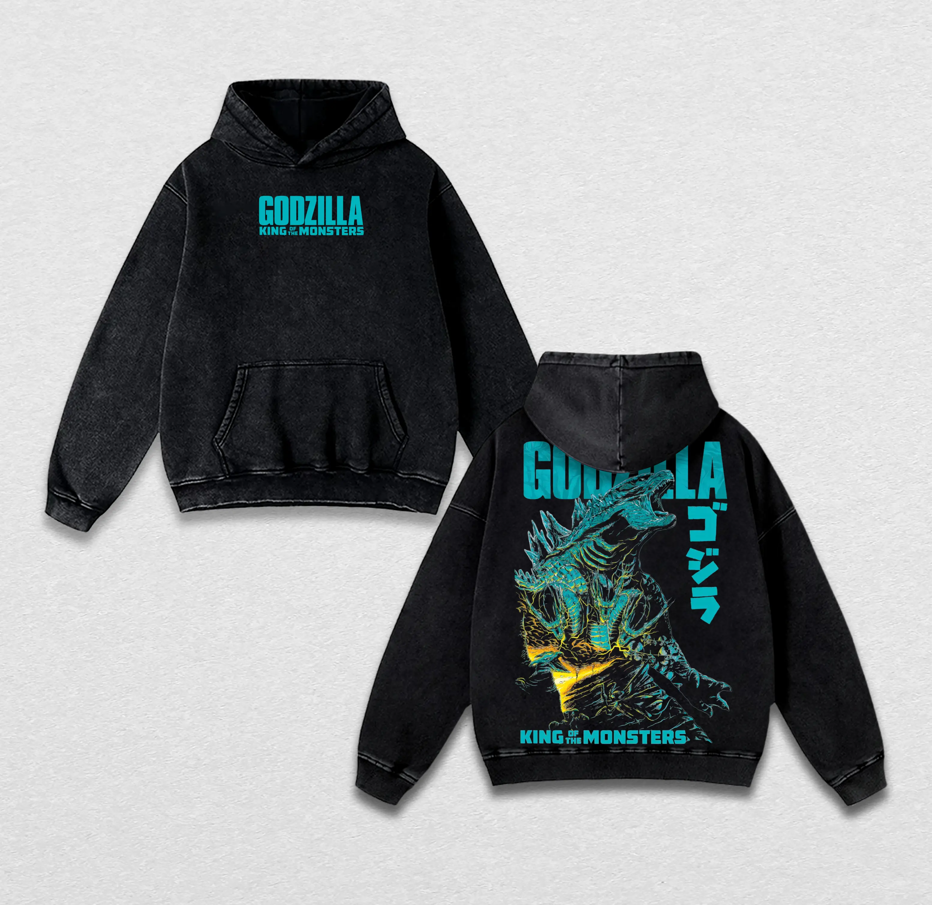 Godzilla King of the Monsters Special Edition Washed Hoodie – Retro Vintage Oversized Graphic Hoodie, Acid-Washed Soft Cotton Streetwear for Movie Fans & Godzilla Lovers