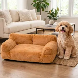 Cozy Pet Sofa Bed for Small to Medium Dogs & Cats All-Season Washable Couch with Supportive Bolsters Fits 2 Pets 35.4 x 21.7 x 10.2 in Brown Plush Fabric PP Cotton Filling
