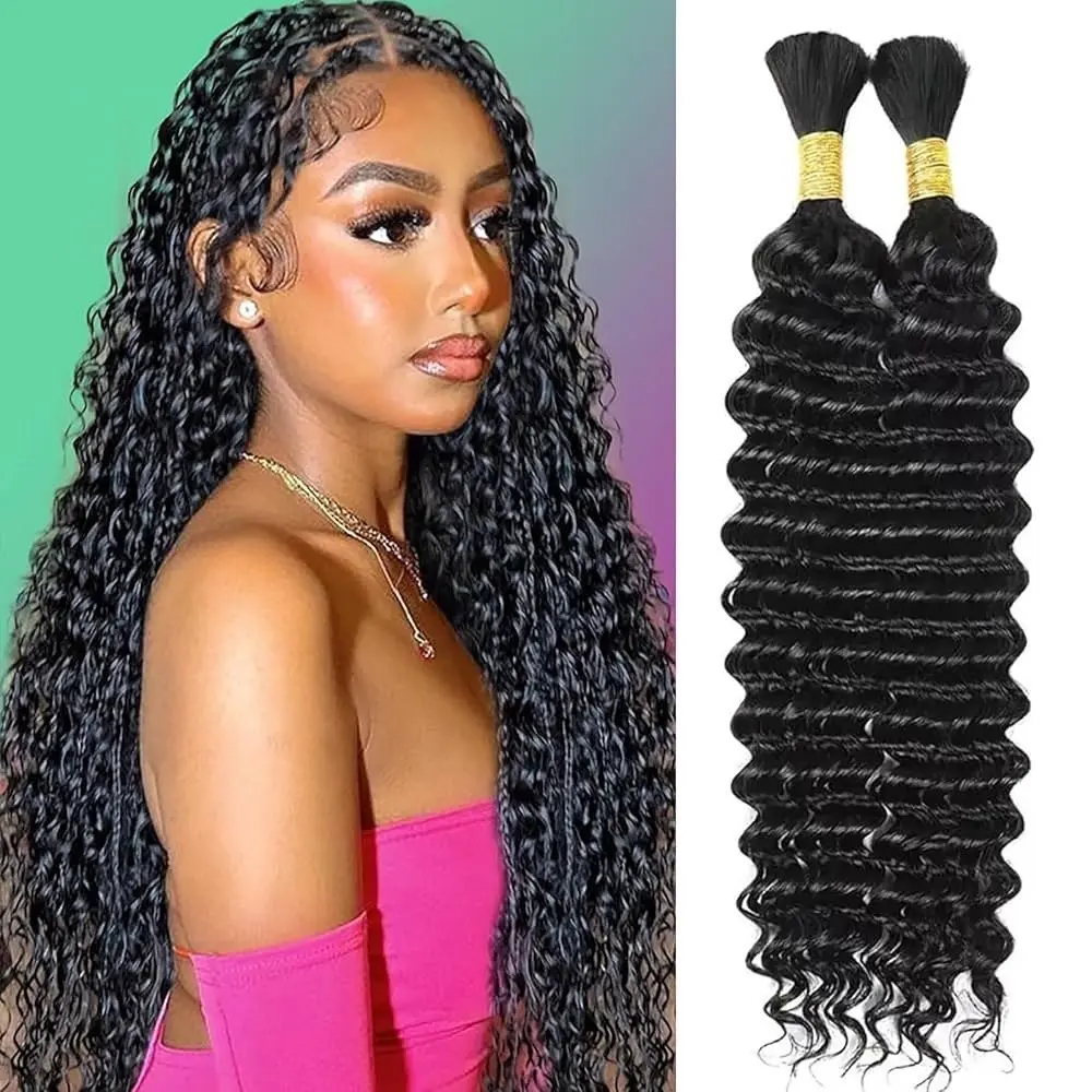 18 Inch Human Braiding Hair for Boho Braids 100g Deep Wave Curly Boho Hair for Braiding Knotless 2 Bundles/Pack Natural Black