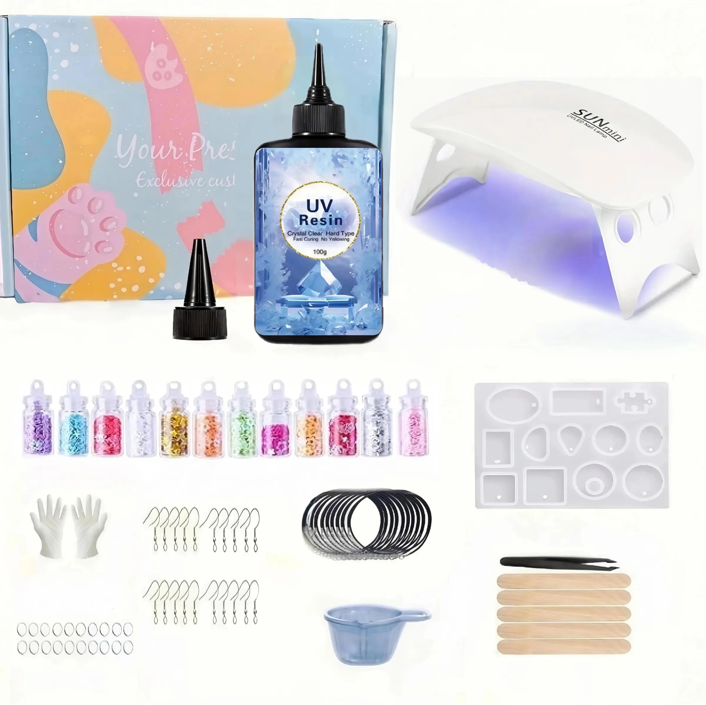 UV Resin Kit with Light and Molds, Upgraded 100g Crystal Clear & Low Odor, UV Lamp, Silicone Pad, DIY Jewelry Making Earrings Starter Set, UV Resin Tools, UV Resin Crafting, UV Resin Accessories, UV Resin Crafting Supplies