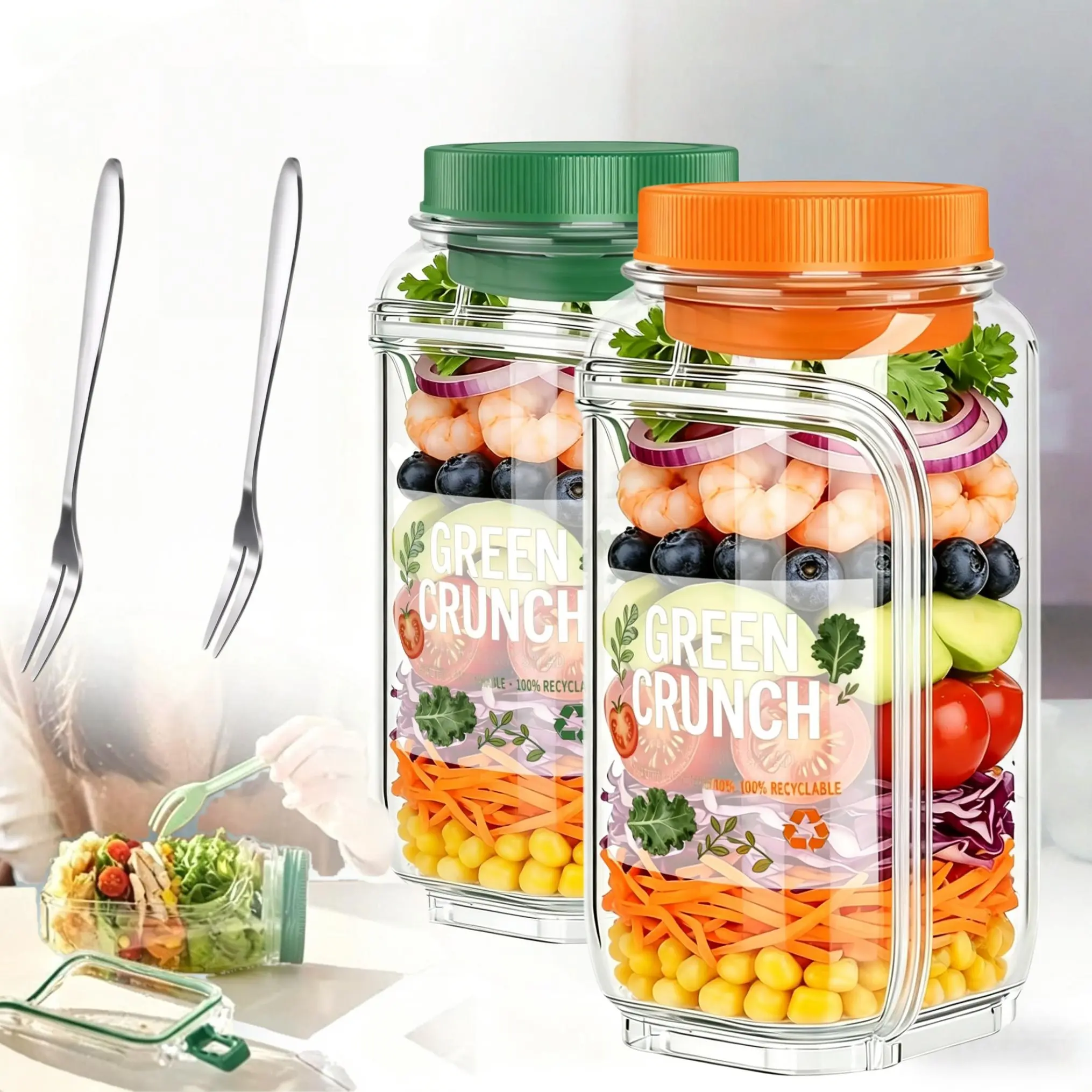 2Pcs Kitchen Salad Storage Jar Set - Lightweight Eco-Friendly Plastic, Leakproof Dressing Compartment, Included Fork & Sticker, Microwave/Dishwasher/Freezer Safe, Kitchen Utensils for Gym & Outdoor Use