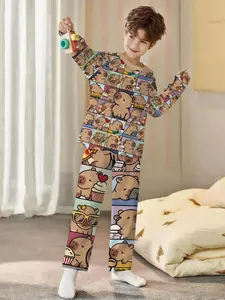 Capybara! Full-print capybara meme two-piece set: boys' digital printed long-sleeve pajamas with extended pants, made of flame-retardant fabric. A stylish, trendy, casual, comfortable and soft pajama set, suitable for sleeping and home leisure. 100% polye