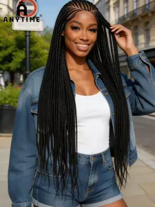 Bohemian Braided Wig, Bohemian Style Square Braided Wig, Seamless Goddess Braided Wig, Full Lace Synthetic Braided Wig, Baby Hair, Natural, 36 Inch Bun Headband