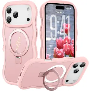 Magnetic for iPhone 17 Pro Case Compatible with MagSafe Built-in Invisible Kickstand Wavy Frame Cute Translucent Matte Back Silicone Shockproof Phone case for iPhone 17 Pro Women Grils, Pink