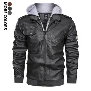 Men's Slim Fit Solid Color Zipper Pocket Long Sleeve Hooded PU Jacket for Daily Outdoor Life Stylish Casual Bomber Work Jacket Motorcycle Streetwear