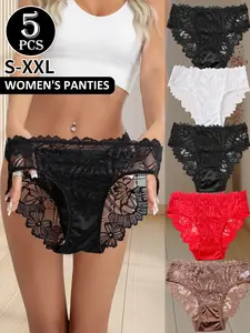 2/5 Pcs/Set Women Anti-Roll Mid Waist Lace Triangle Panties Maternity Underwear Full Coverage Soft Solid Color Sexy Sheer For Maternity Postpartum Moms