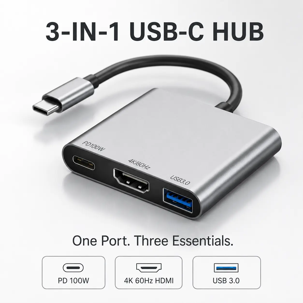 3-in-1 USB C Hub with 4K 60Hz HDMI, 100W PD Charging & USB 3.0 Port, Type C Multiport Adapter for USB-C Laptops, Tablets, Monitor & Everyday Work Smartphone