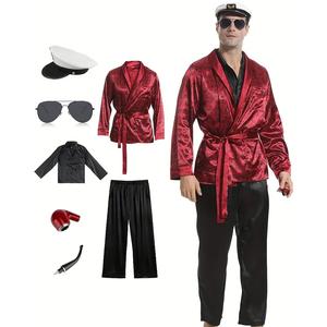 AYJKSEVEN Halloween ThePajamaMan Costume for Unisex, Mogul Outfits Jacket Robe Coat and Black Silk Shirts Pants Menswear Clothing Bestie Beige Plain