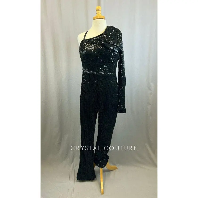 Black Sequin One Shoulder Jumpsuit With One Long Sleeve and Bow