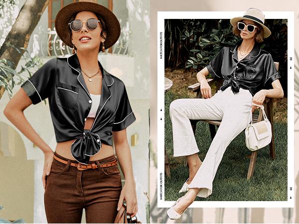 EKOUAER Womens Silk Satin Shorts Sets Button Down Cozy Loungewear 2 Piece  Set S-XXL