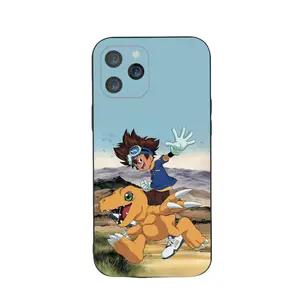 Popular anime/Digimon themed liquid metal phone case, compatible with iPhone 17, 16, 15, 14, 13, and 12, black soft case.